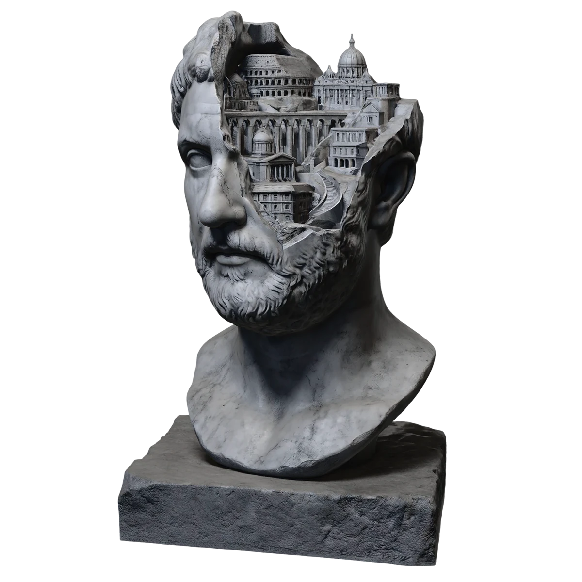 3D marble bust with a miniature city carved inside, generated from the concept drawing