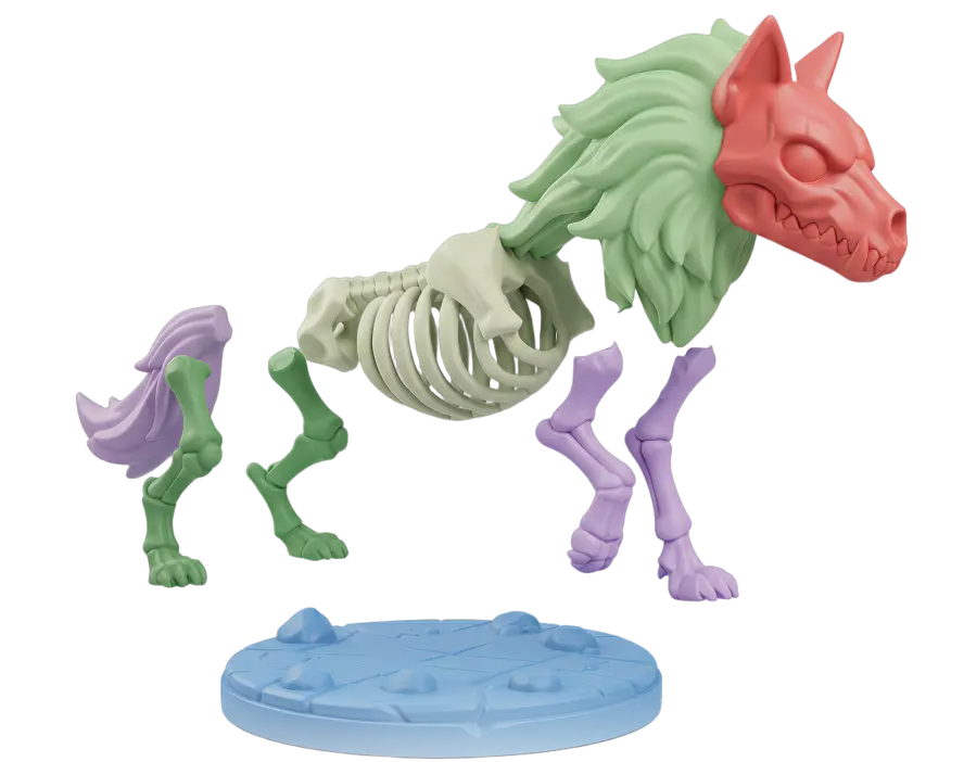 Skeleton wolf model auto-split into color-coded printable parts