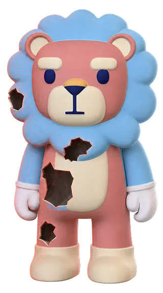 Toy lion model with broken mesh patches, before print repair
